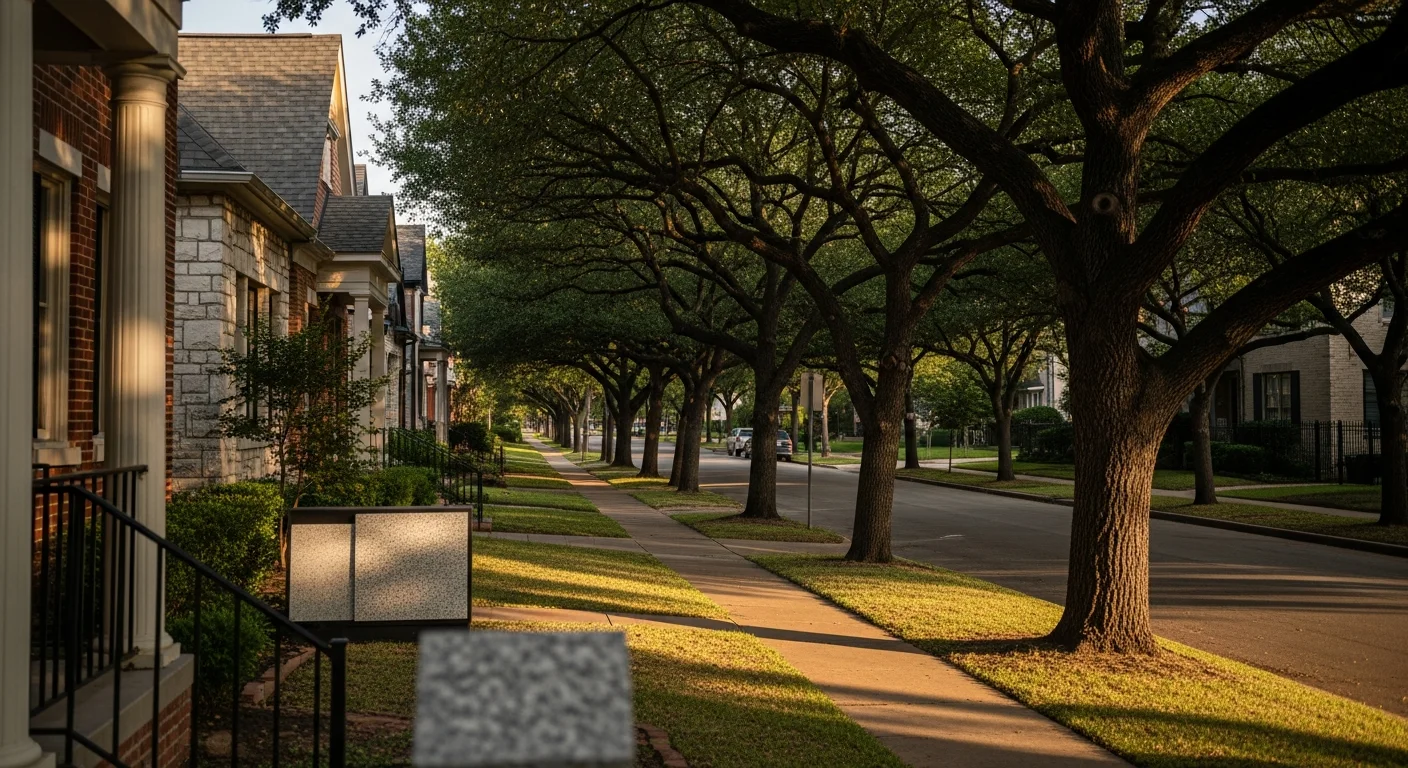 Wide view of a Dallas residential street lined with mature trees and well-maintained homes representing the city's diverse neighborhoods.