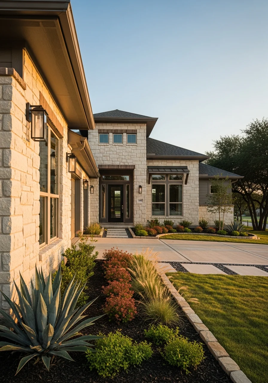 Portrait view of a contemporary Frisco home's front facade showing modern design and quality construction.