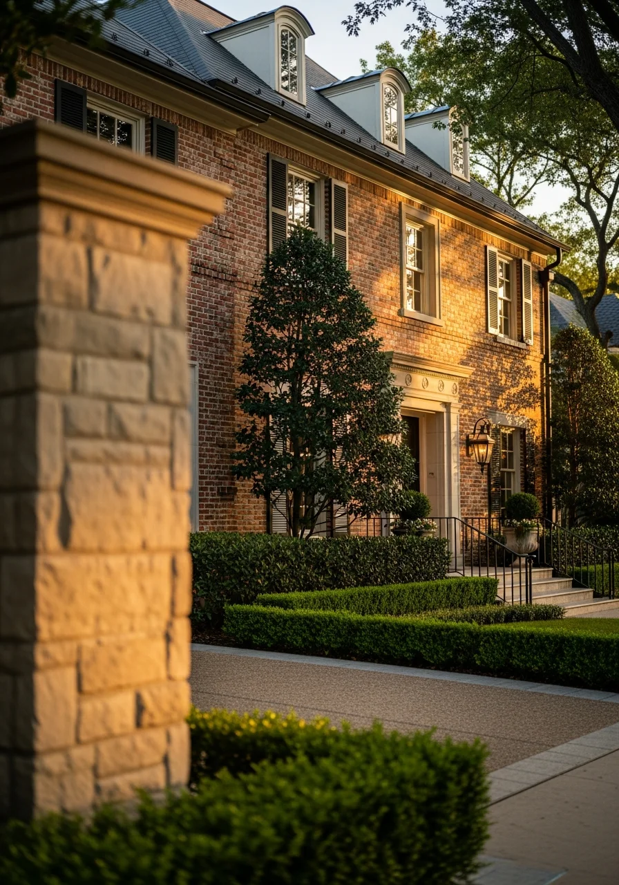Detailed view of a University Park home's entrance showing architectural quality and established landscaping.