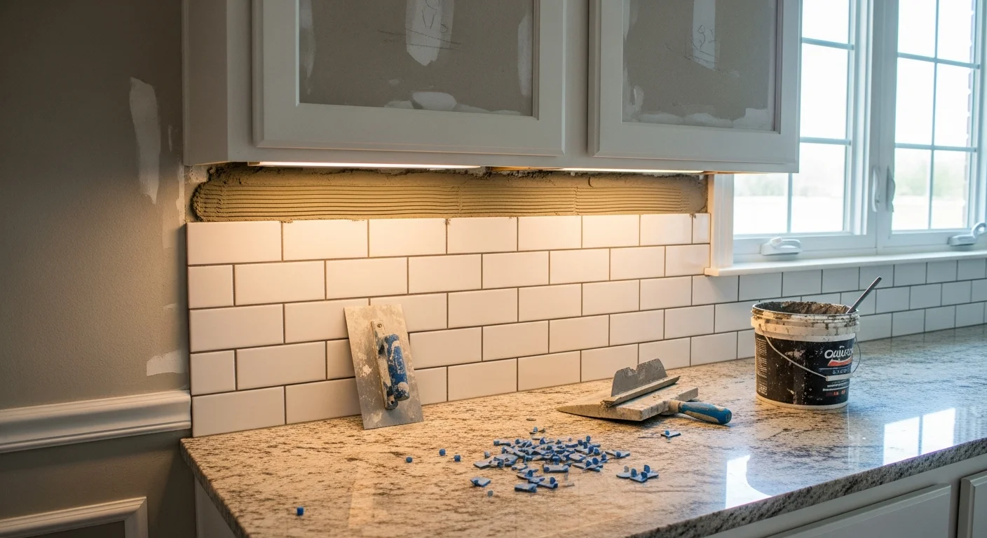 Freshly installed stone tile backsplash above a kitchen countertop in a Dallas home, with clean grout lines and a smooth surface running from the countertop edge to the upper cabinets. The backsplash material coordinates with the stone countertop below, showing a finished kitchen wall typical of a professional countertop and backsplash installation.