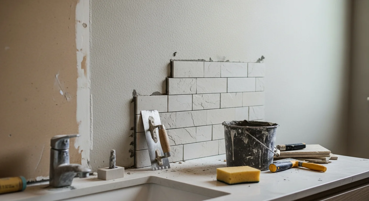 Freshly installed natural stone tile backsplash on a Dallas bathroom vanity wall, showing clean grout lines and a precise fit around the faucet fixtures. The tile runs from countertop to mirror height with consistent color and a smooth, sealed finish.