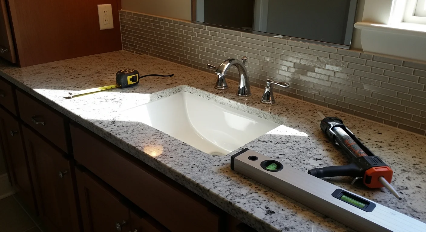 A freshly installed natural stone bathroom countertop on a white double vanity in a Dallas home, showing a clean undermount sink cutout and sealed polished surface. The countertop runs the full width of the vanity with no visible gaps at the wall or sink edge.