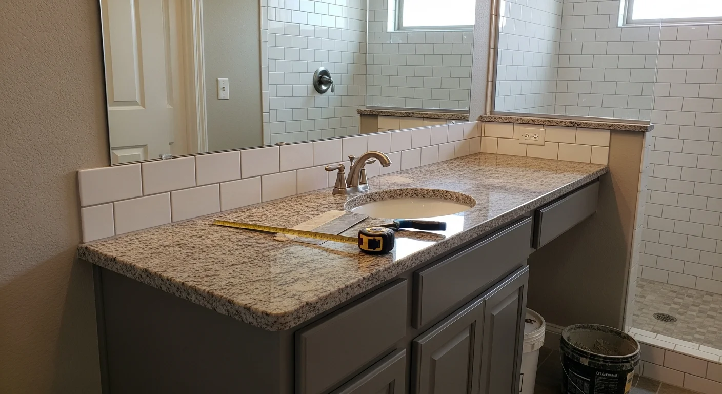 A fully remodeled Dallas bathroom featuring a walk-in tile shower, updated vanity, and modern fixtures. The space shows clean lines and neutral finishes typical of North Texas home renovations completed by Solid Stone In Granite, Inc.
