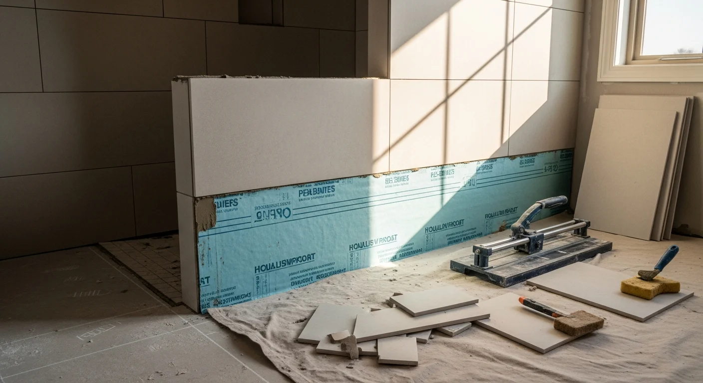 Freshly installed floor and shower wall tile in a Dallas bathroom remodel, showing tight grout lines and a waterproofed wet area. Work completed by Solid Stone In Granite, Inc.