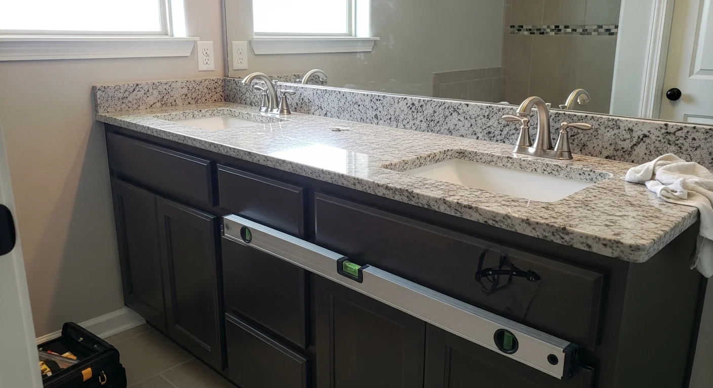 A newly installed double bathroom vanity with a stone countertop and undermount sinks in a Dallas home primary bathroom. The cabinet is flush against a painted wall with supply lines and drain connections fully concealed beneath.
