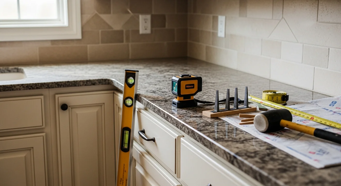 Freshly installed stone countertop on white shaker cabinets in a Dallas kitchen with an open-concept layout. The slab edge profile is visible at the island corner, showing clean fabrication and tight seam alignment.