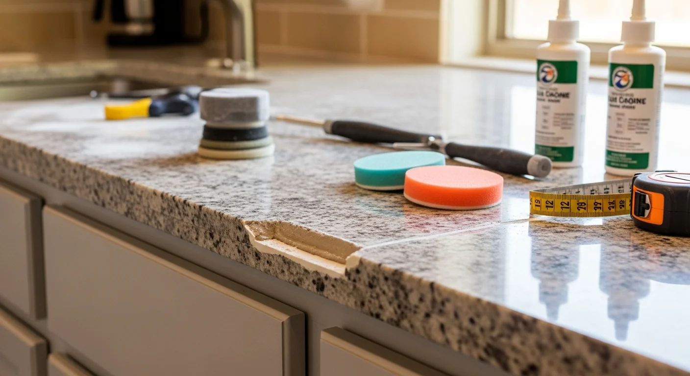 A repaired natural stone kitchen countertop in a Dallas home showing a smooth, seamless surface with no visible cracks or chips. The countertop sits beside a stainless undermount sink with polished stone edges matching the surrounding slab.