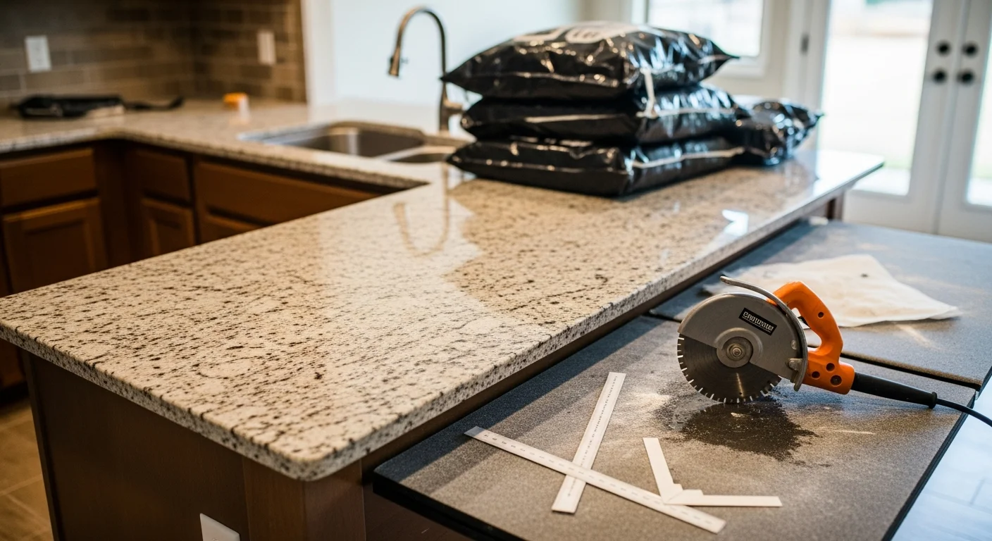 A newly installed natural stone countertop in a Dallas kitchen, showing a clean edge profile and undermount sink cutout on light-toned cabinetry. The surface is polished and free of seams at the corners, reflecting professional fabrication and installation by Solid Stone In Granite, Inc.