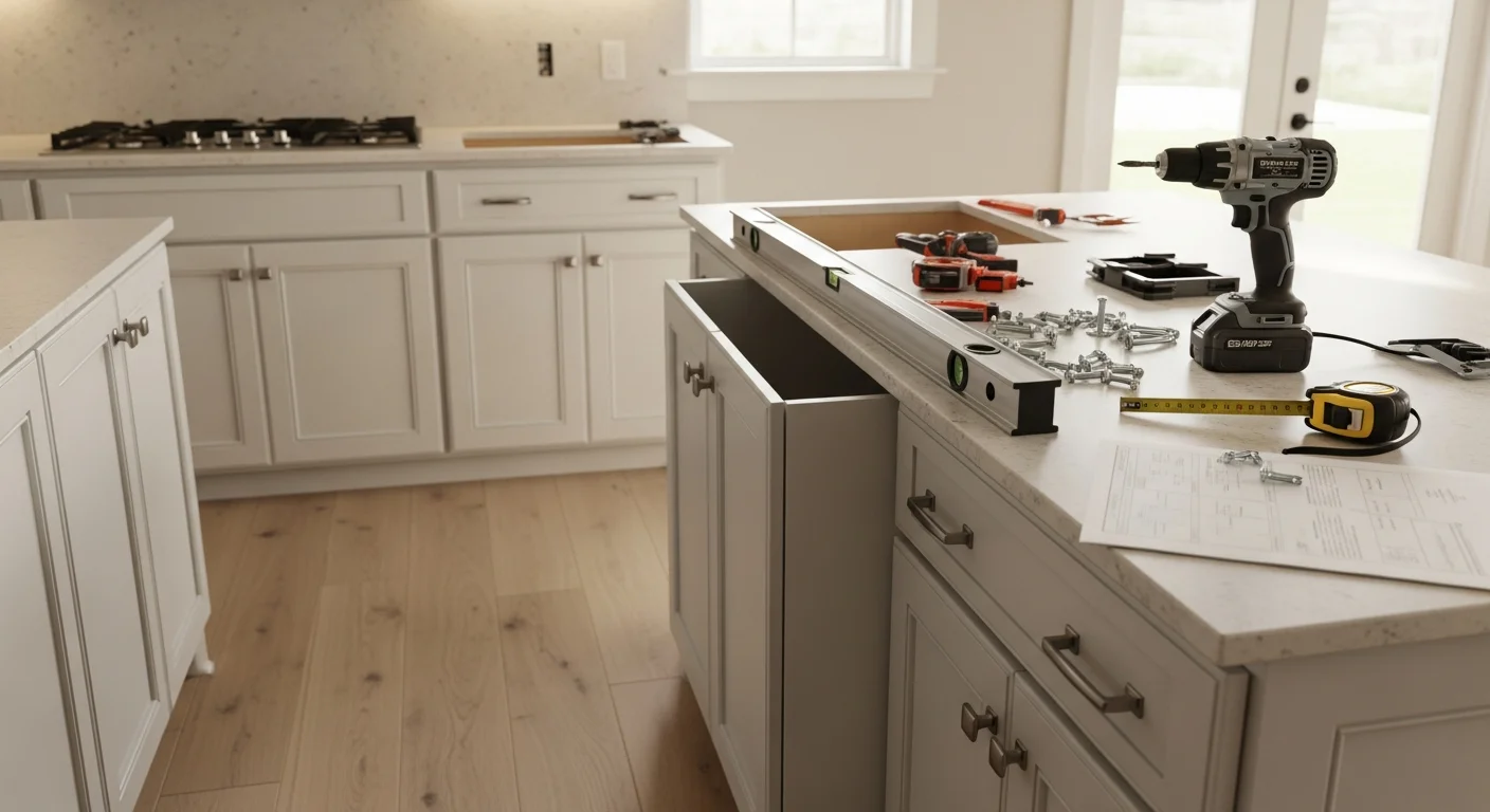 Newly installed custom kitchen cabinets in a Dallas home, featuring two-tone wood and painted finishes with built-in pull-out storage and open-concept sightlines to the living area. Solid Stone In Granite, Inc. completed the cabinet installation as part of a full kitchen remodel.