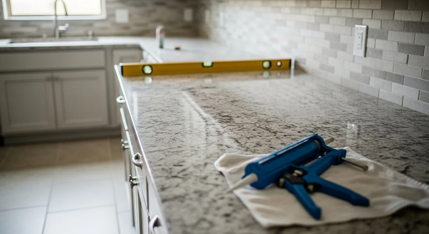 Newly installed granite countertop in a Dallas kitchen, showing a polished stone surface with a sink cutout and clean edge profile against white cabinetry. The countertop runs the full length of the kitchen wall with no visible seams at the corners.