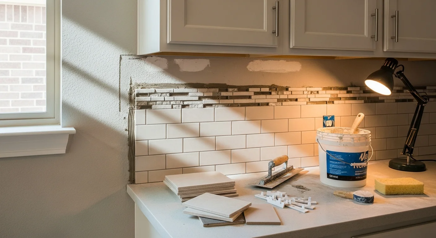 Freshly installed stone tile kitchen backsplash above a granite countertop in a Dallas home, with clean grout lines running from the countertop surface to the upper cabinets. The installation shows tight corner cuts around a wall outlet and a smooth transition between the backsplash and countertop edge.