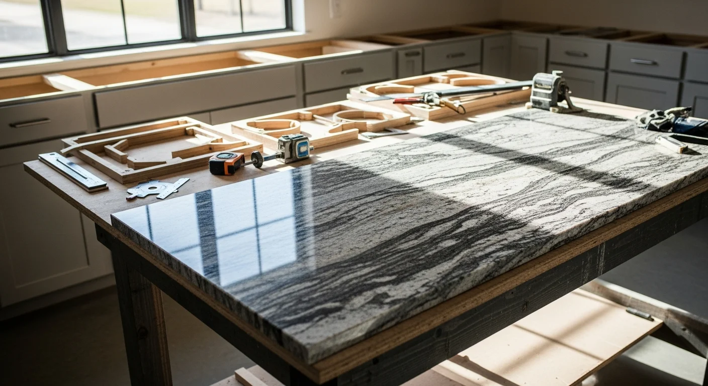 Finished kitchen remodel in a Dallas home featuring custom stone countertops, updated cabinetry, and an open layout. Natural stone surfaces with visible grain detail run along the perimeter and island of the renovated kitchen.