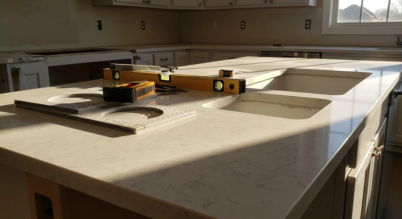 Newly installed white quartz countertops with soft gray veining in a Dallas kitchen, showing custom edge profiles and an undermount sink cutout. The surface runs along full-length upper and lower cabinets in a residential kitchen remodel completed by Solid Stone In Granite, Inc.