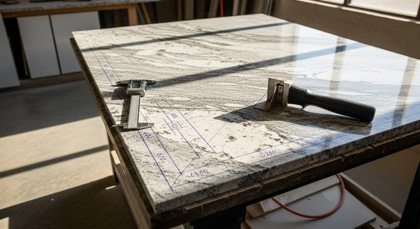 A freshly fabricated natural stone countertop installed in a Dallas kitchen, showing a clean edge profile and tight seam against white shaker cabinets. The slab surface reflects overhead lighting with a polished finish.